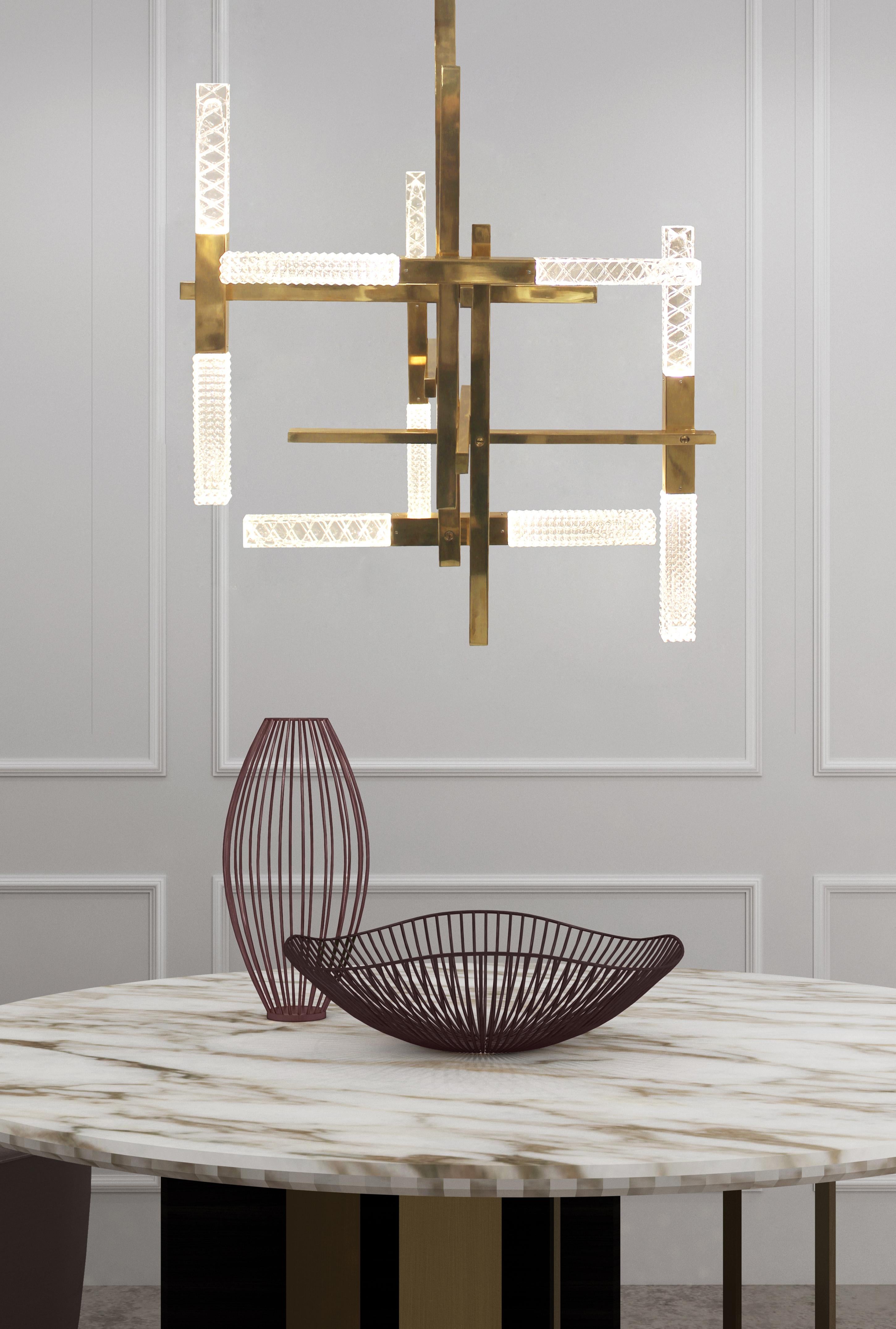 Italian Mikado Suspension Lamp in Satin Brass with Crystal Diffusers For Sale