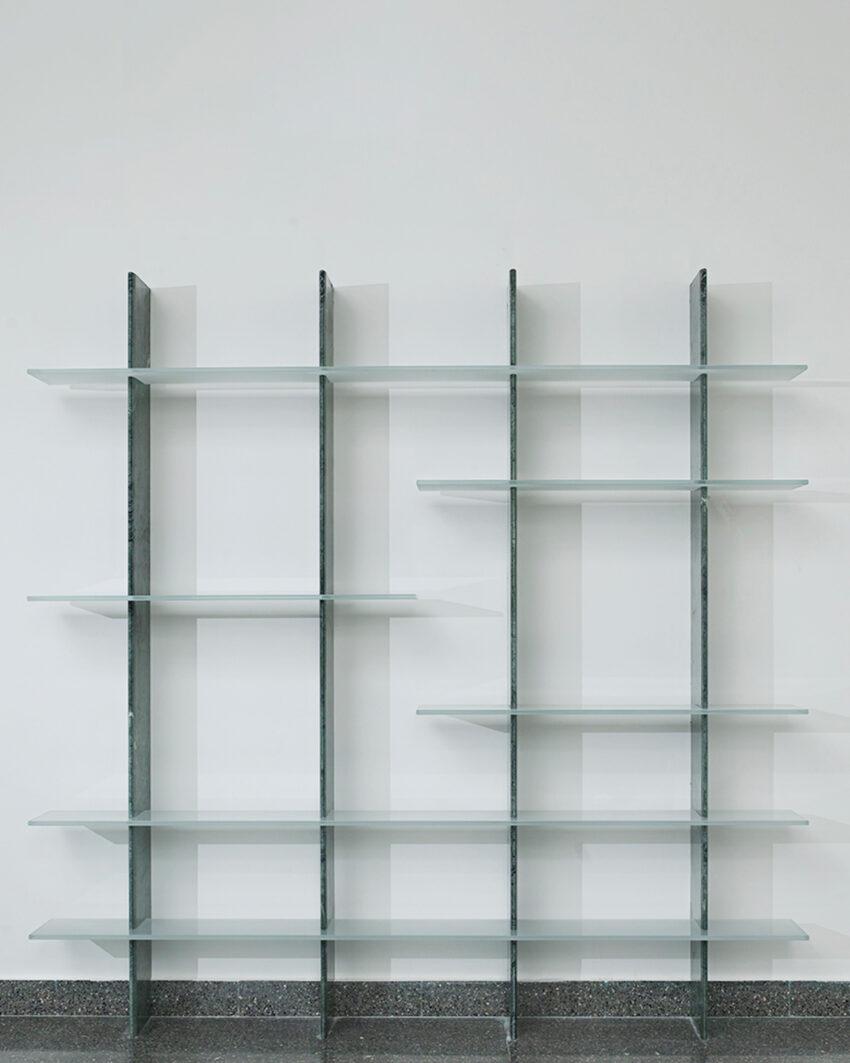 Mikado Wall Mounted Shelving Unit by Carla Baz
Dimensions: D 40 X D 200 X H 200 cm.
Materials: Solid Guatemala Verde marble and tempered sandblasted glass.
Weight: 80 kg.

Entirely handcrafted in solid Guatemala Verde marble with tempered