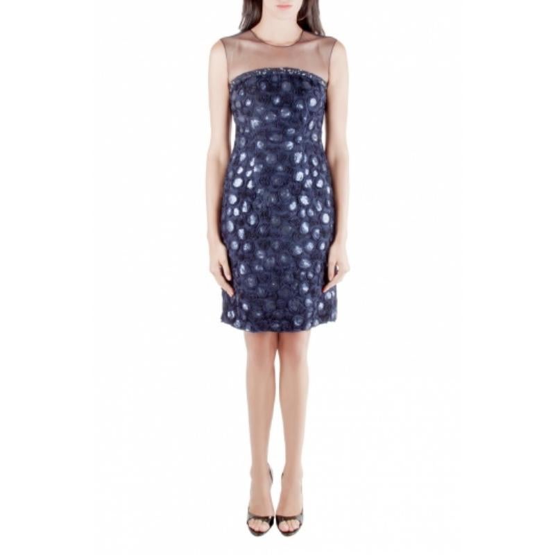 Mikael Aghal Blau Rosette Applique verschönert schiere Passe ärmelloses Kleid S im Angebot 2