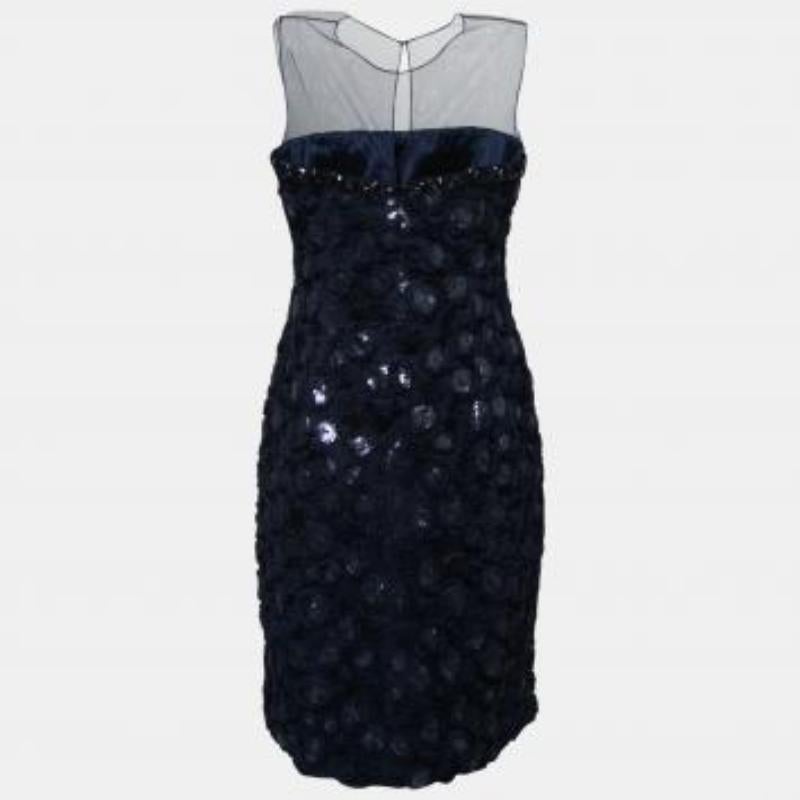 Mikael Aghal Blau Rosette Applique verschönert schiere Passe ärmelloses Kleid S im Angebot 4