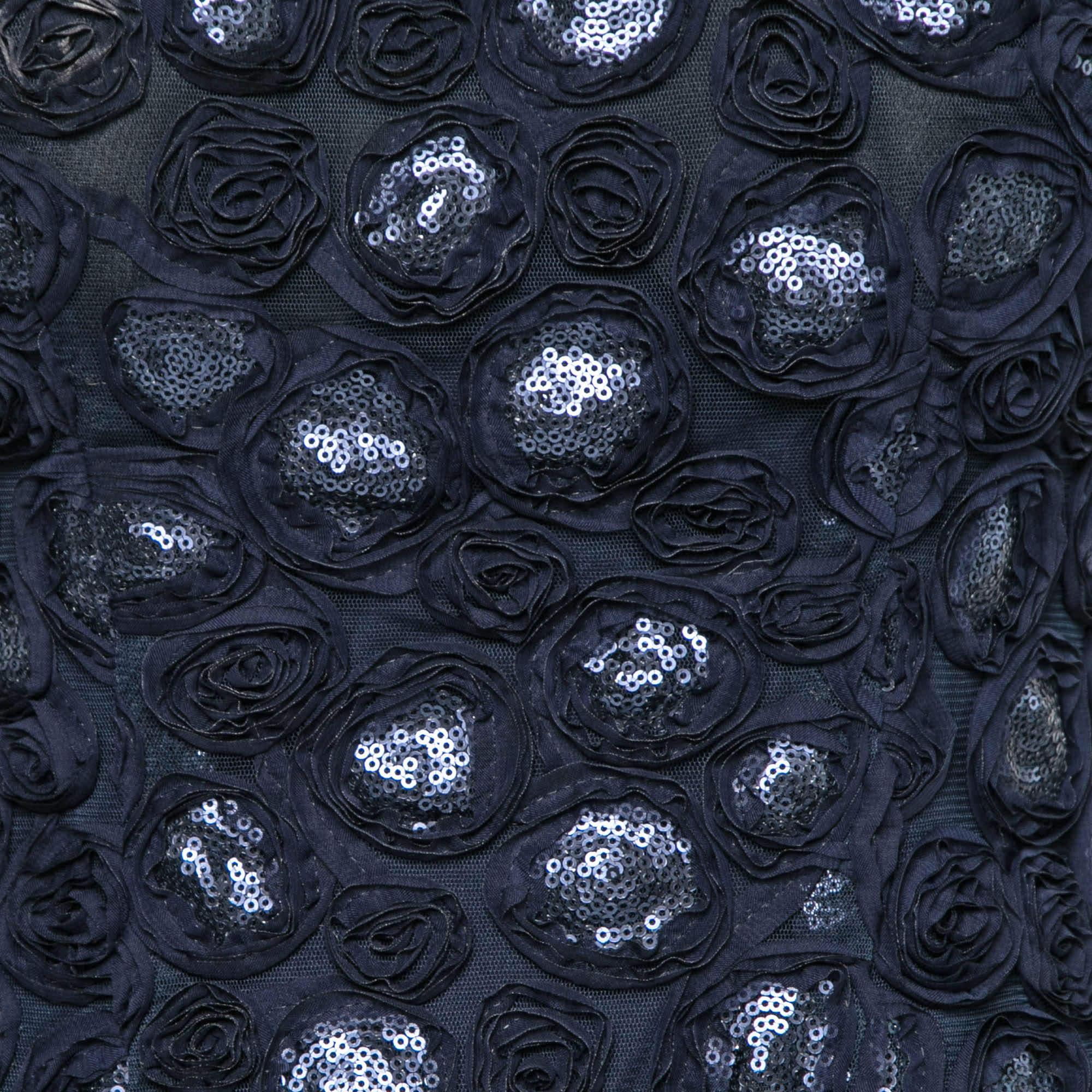 Black Mikael Aghal Rosette Applique Embellished Sheer Yoke Sleeveless Dress S