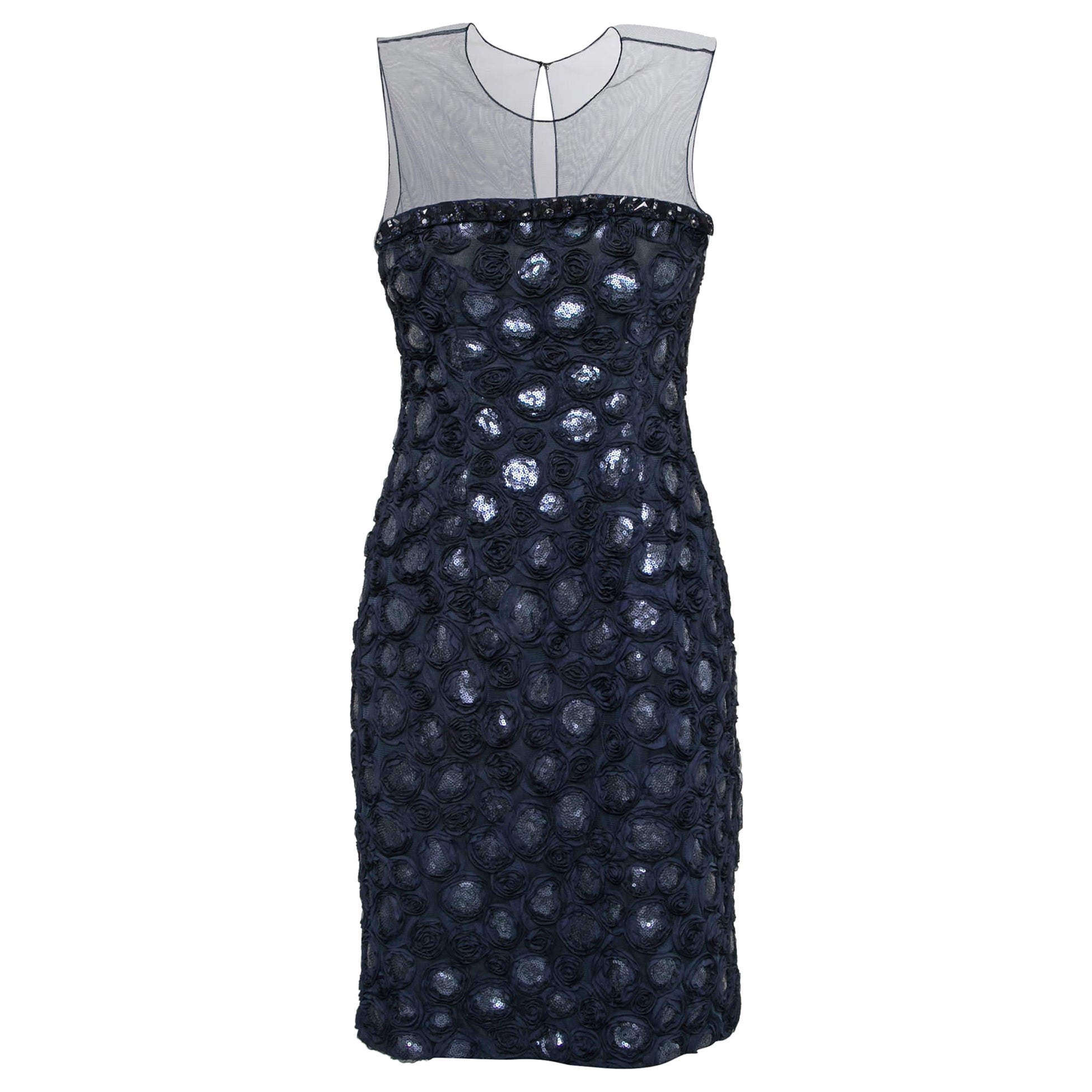 Mikael Aghal Rosette Applique Embellished Sheer Yoke Sleeveless Dress S