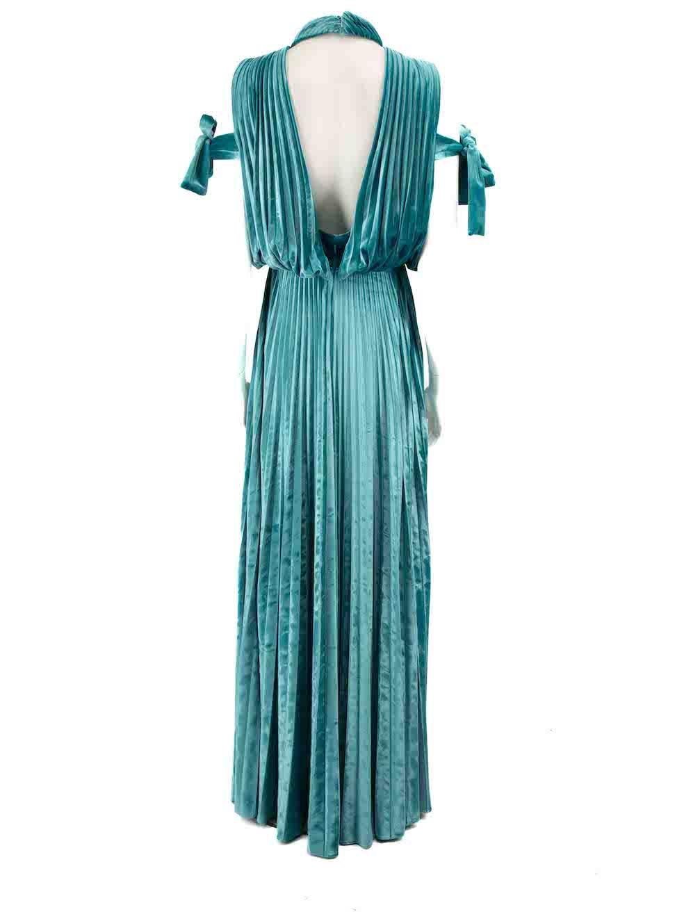 Mikael Aghal Teal Velvet Pleated High Neck Gown Size XS In Good Condition In London, GB