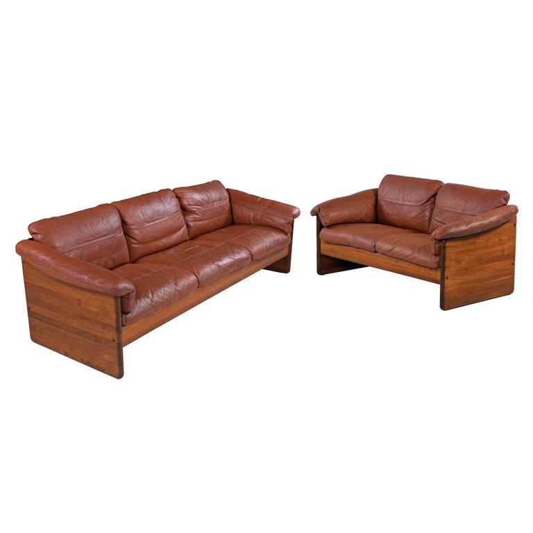 Solid Teak Danish Loveseat Sofa in Original Cognac Leather by Mikael