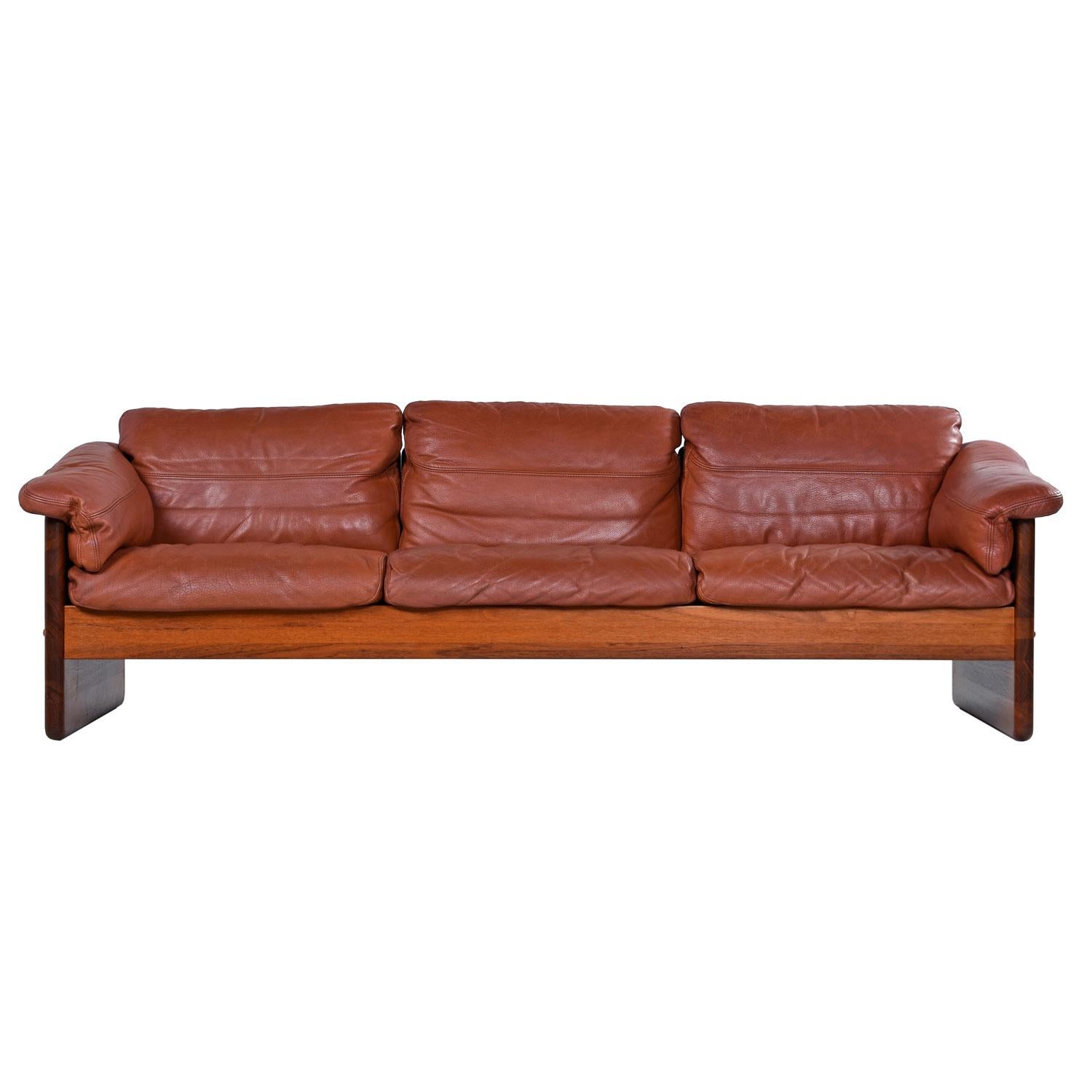 Mikael Laursen 3-Seat Solid Teak Danish Sofa Couch Original Cognac Leather