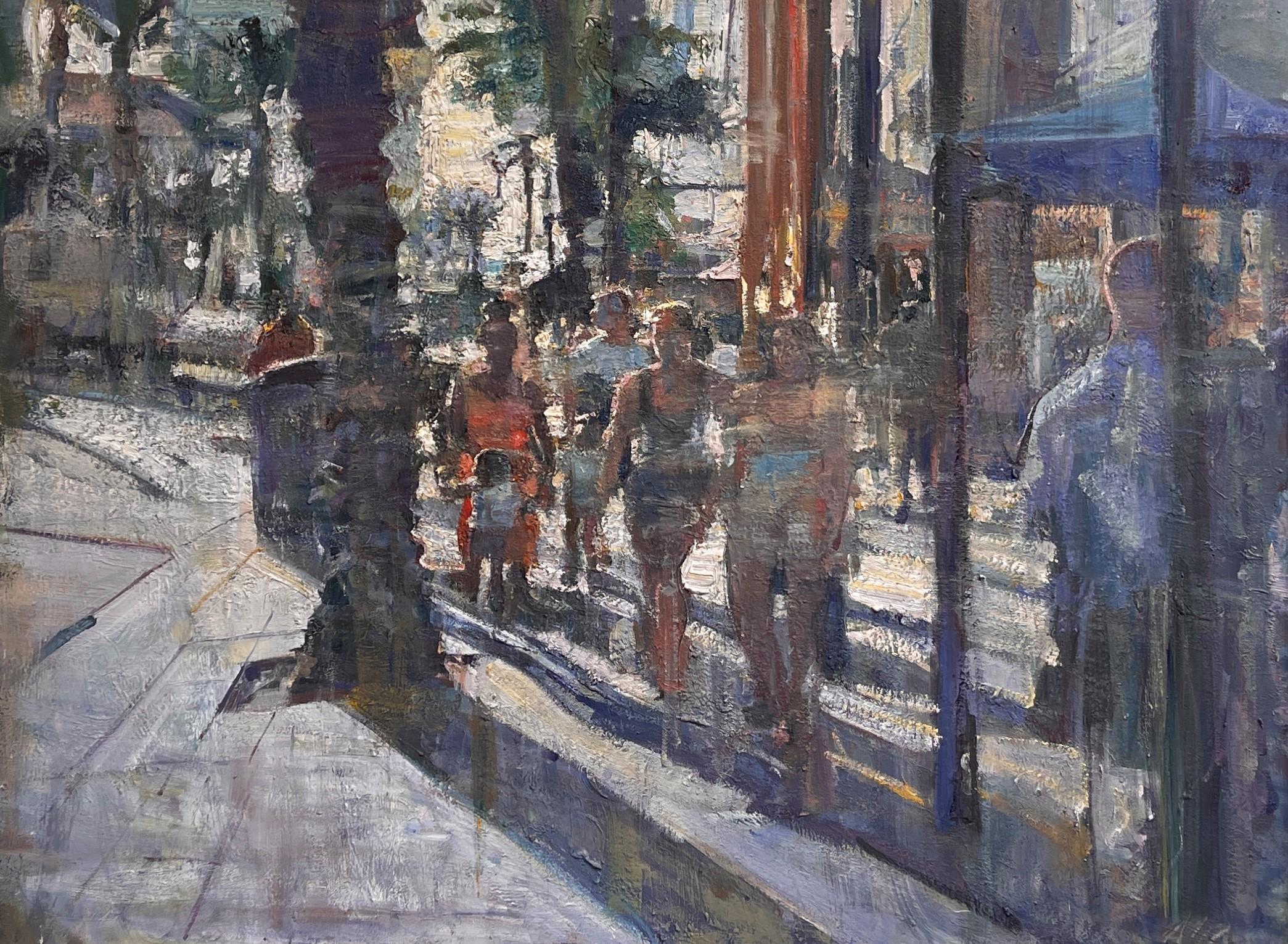 "Bar Bands Blur" di Mikael Olson, pittura ad olio originale di paesaggio urbano impressionista