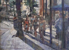 "Bar Bands Blur" di Mikael Olson, pittura ad olio originale di paesaggio urbano impressionista