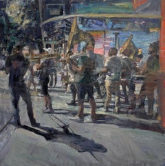 "Banda d'ottoni" (2024) di Mikael Olson, pittura impressionista ad olio su tela