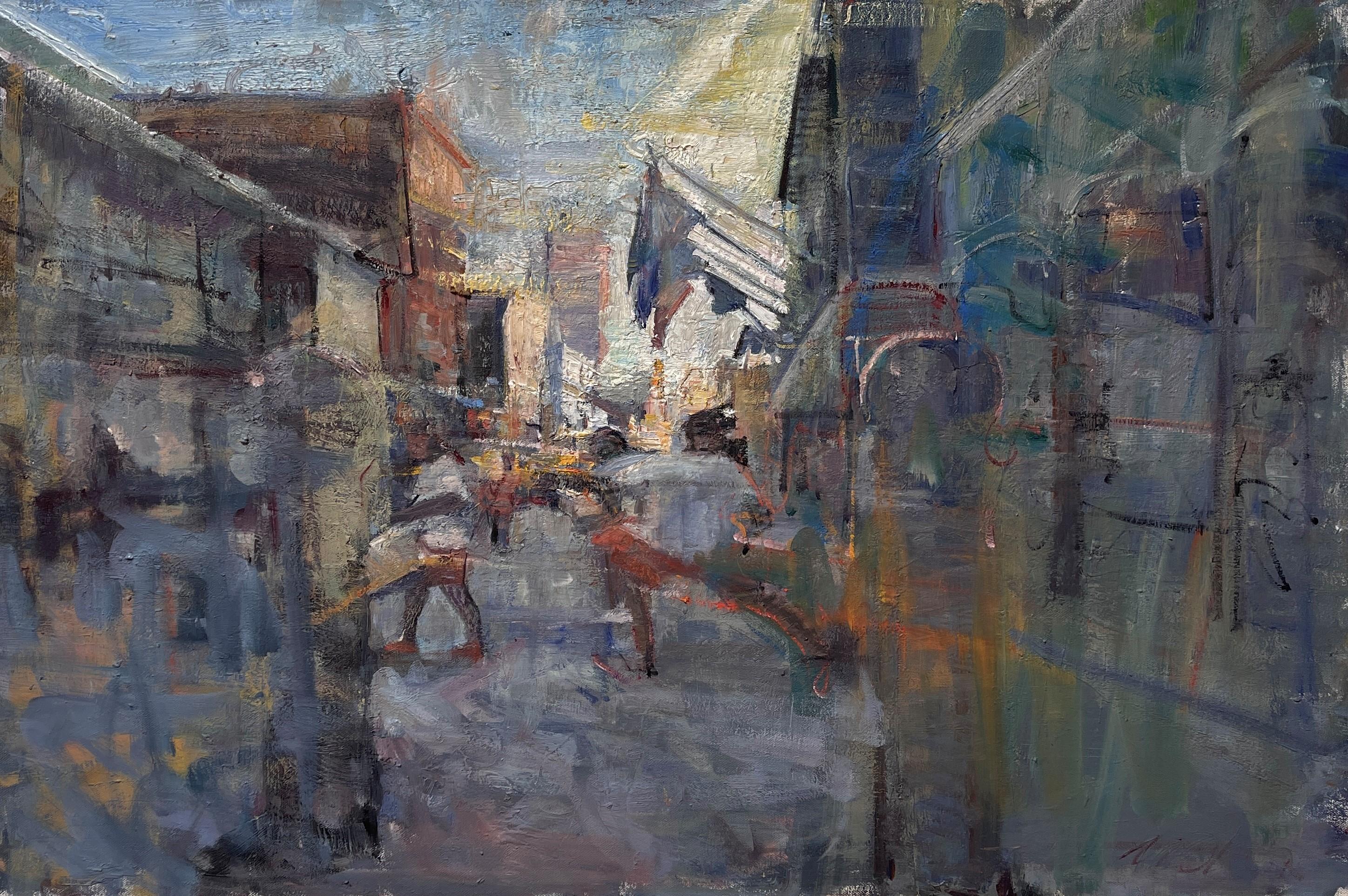 "Crepuscolo su Bourbon Street" di Mikael Olson, dipinto a olio originale impressionista