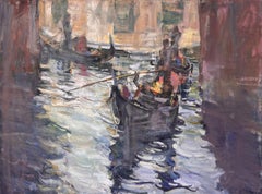 "Gondolas" (2024) par Mikael Olson, peinture à l'huile impressionniste originale