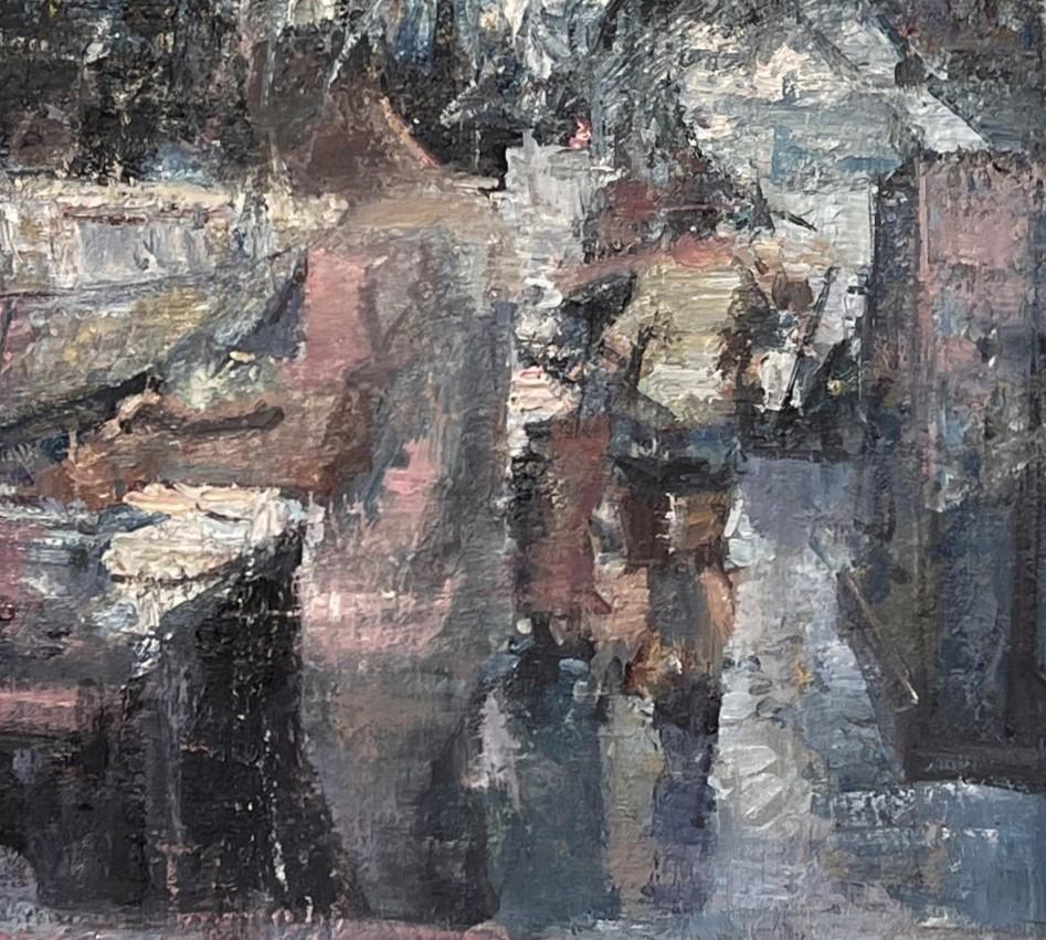 „Greasy Pizza“ von Mikael Olson, Original impressionistisches Interieur-Ölgemälde im Angebot 2