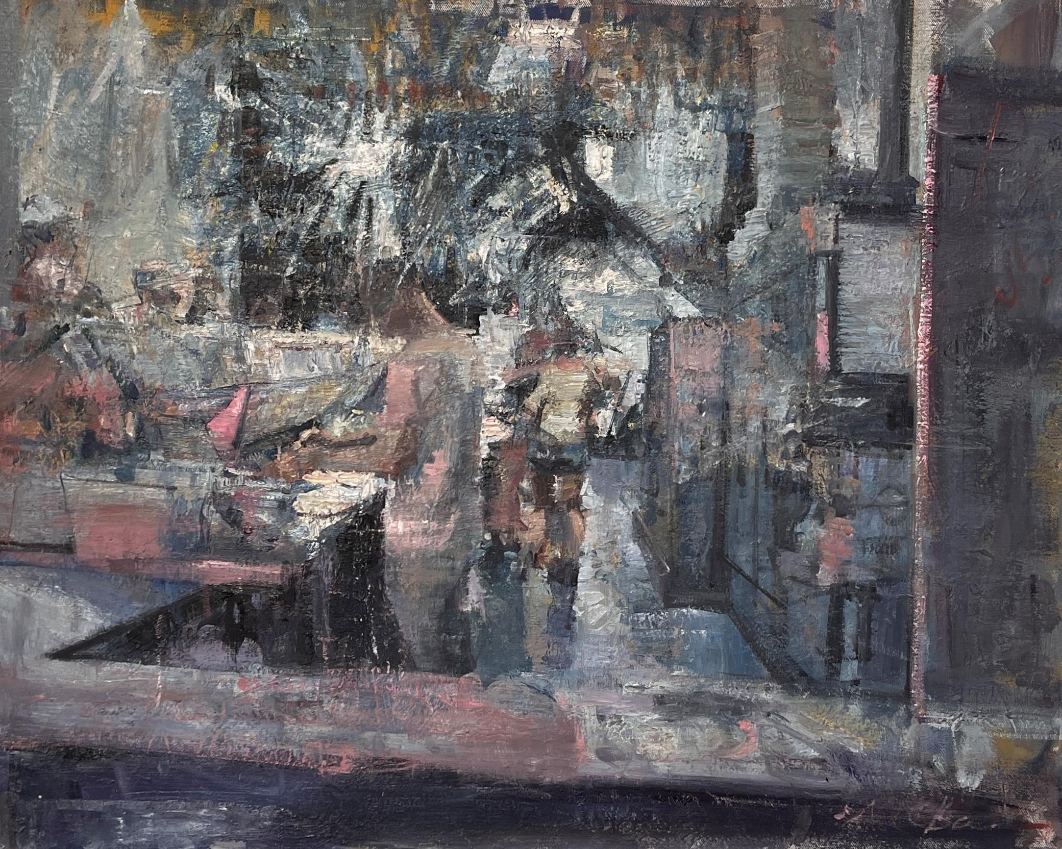 Mikael Olsons (USA) "Greasy Pizza" ist ein originales, handgefertigtes Ölgemälde, das das Innere einer Pizzaküche darstellt.

Biografie und Erklärung des Künstlers:
Der 1973 in Denver geborene Mikael Olson malt, so lange er denken kann.
"Ich male,