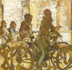"High Key" (2022) di Mikael Olson, pittura ad olio impressionista di un paesaggio urbano