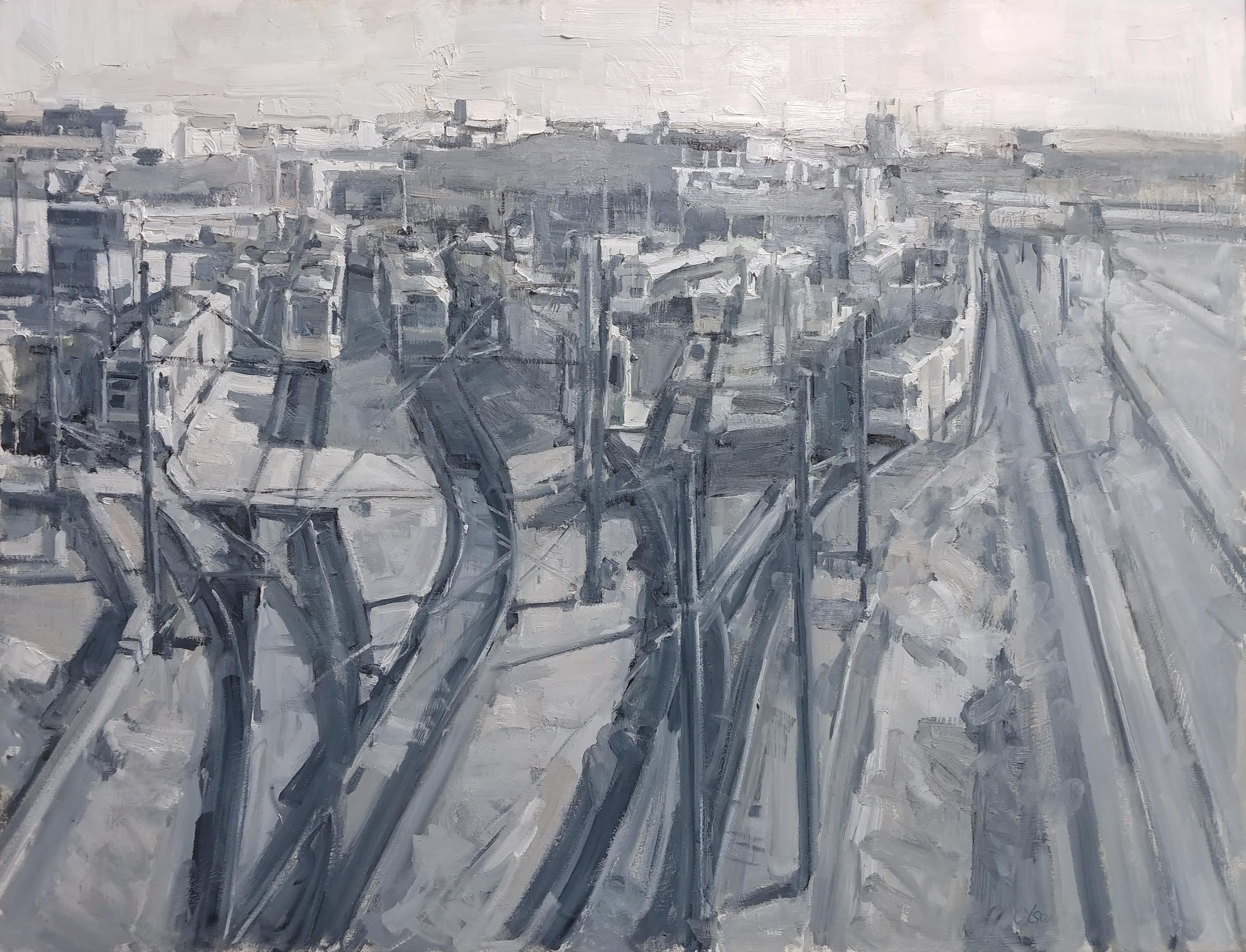 Figurative Painting de Mikael Olson - "Estación del Metro Ligero" Pintura al óleo