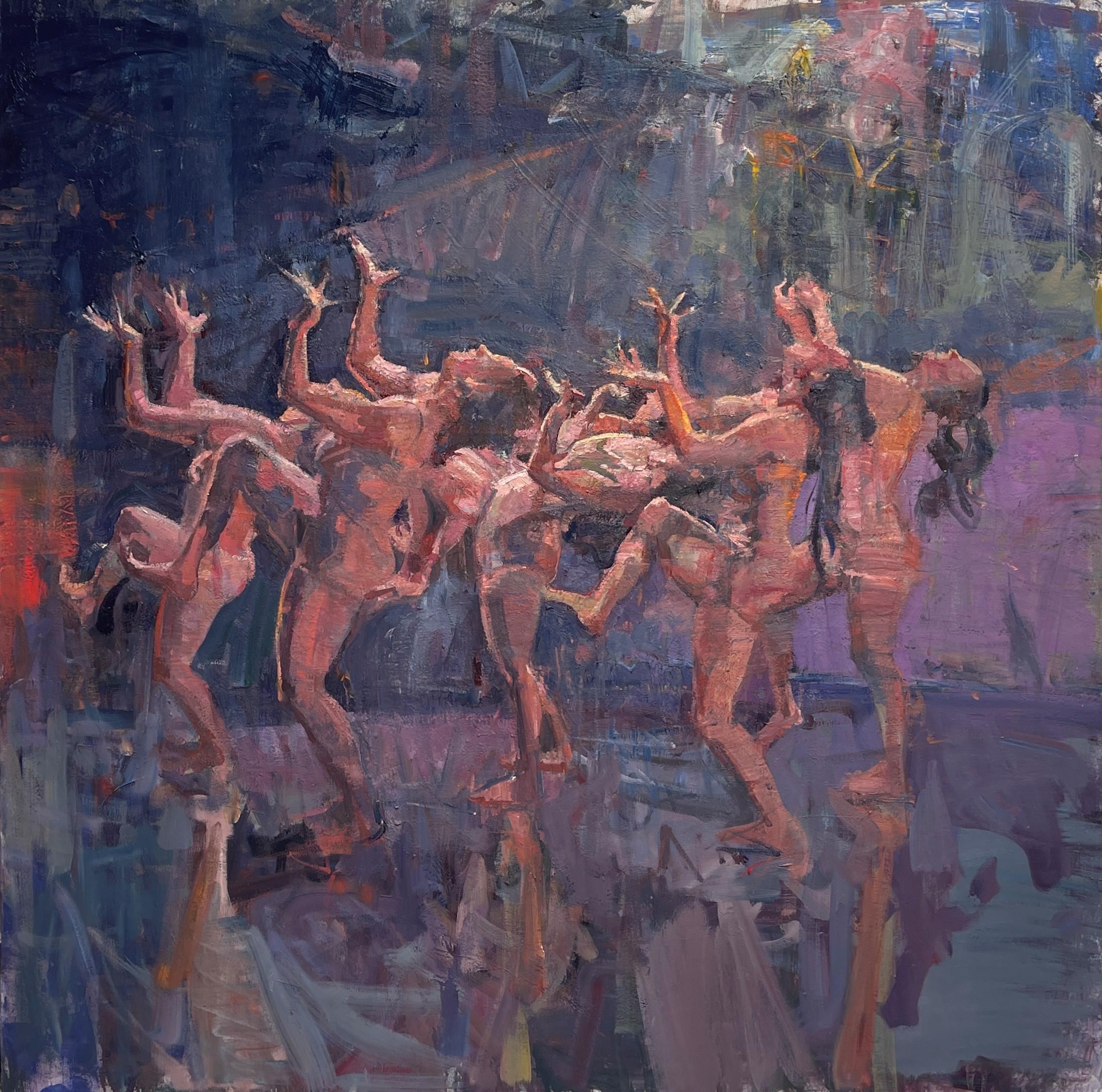 "Many Hands" (2024) di Mikael Olson (Stati Uniti) è un dipinto a olio originale, realizzato a mano, che raffigura dei ballerini che si esercitano per uno spettacolo, con le mani alzate e la testa rivolta al cielo mentre marciano in