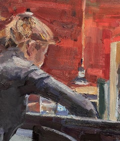 "Nighthawk" (2024) par Mikael Olson, peinture impressionniste à l'huile de nature morte.