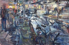 "Zip Zoom Zoey" (2022) di Mikael Olson, dipinto a olio impressionista di un paesaggio urbano