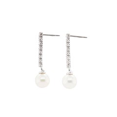 Mikawa Cultured Pearl and Diamond Line 18 Carat White Gold Dangle Earrings