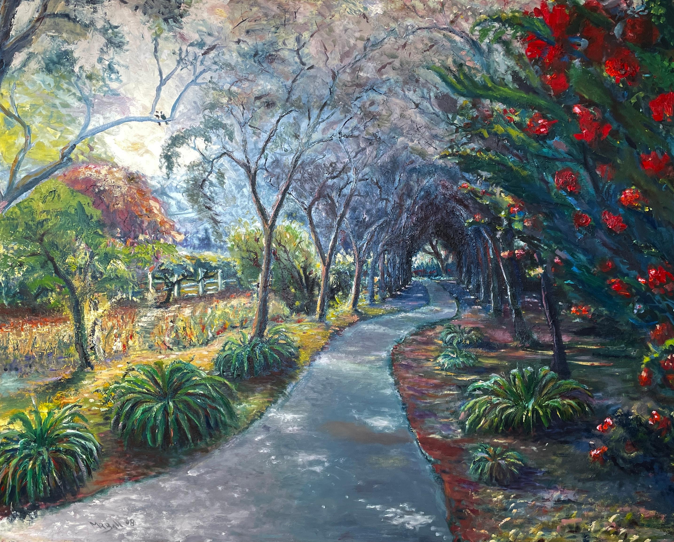 "The Curvy Path," a 48" x 60" oil on canvas by Mike Ball, captures the serene beauty of a garden walkway. This contemporary landscape is painted with a harmonious palette of greens, reds, and earth tones, contrasting with the soft greys and blues of