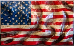 American Flag #51 Hand Carved Oak Wood Slab 3-Dimensional Wall Hanging Art