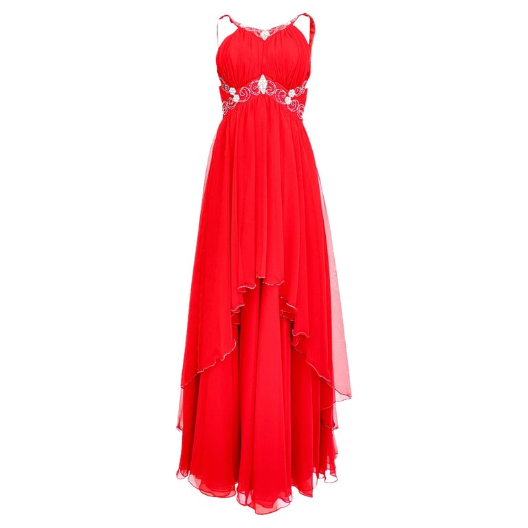 Mike Benet 1960s Red Gown With Pearl & Beaded Embellishments Mike Benet 1960s Red Gown With Pearl & Beaded Embellishments