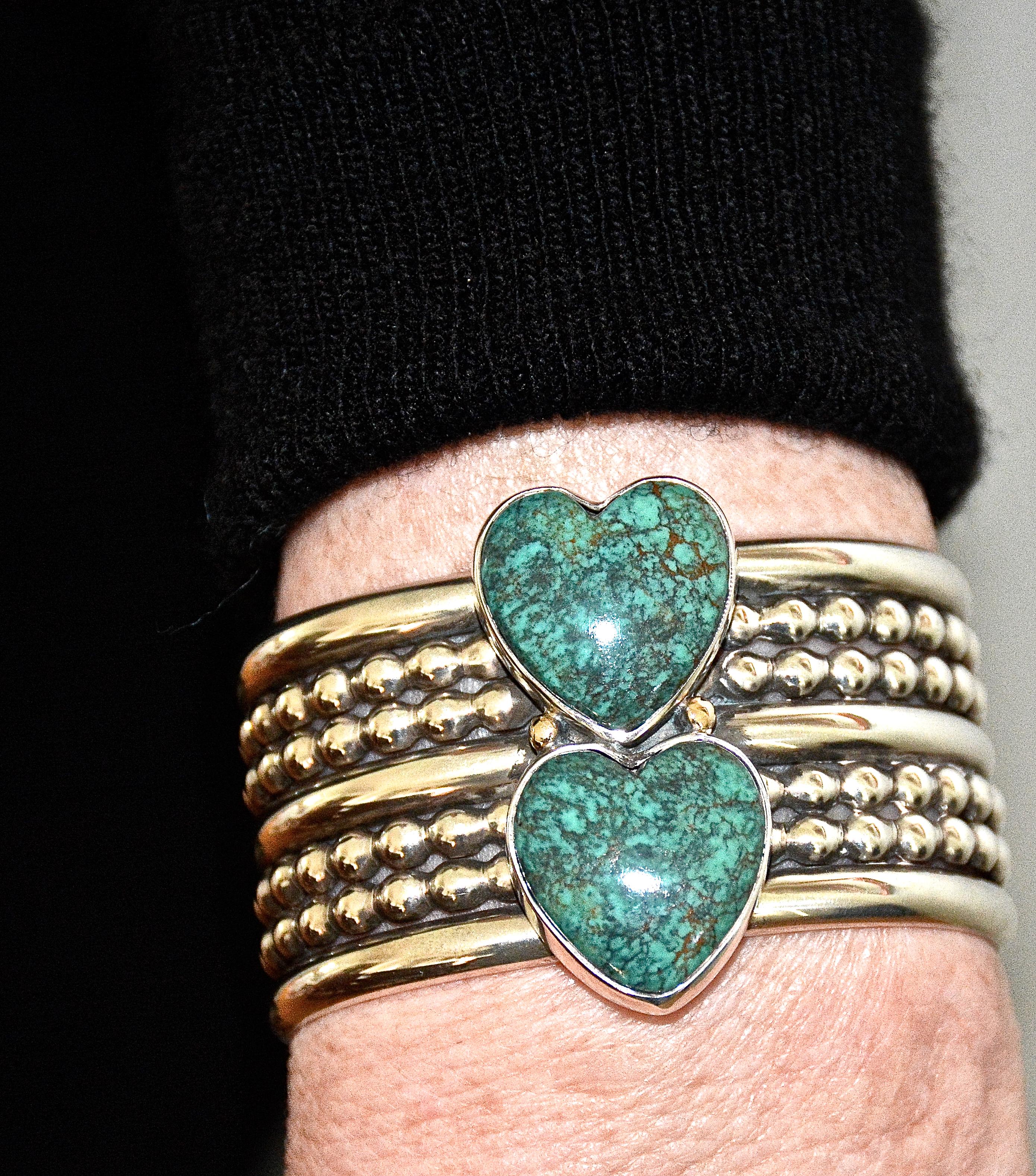 Mike Bird-Romero Sterling Silver Cuff Bracelet W/ Large Turquoise Hearts, 1993  For Sale 1