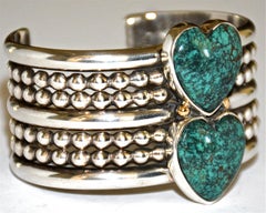 Mike Bird-Romero Sterling Silver Cuff Bracelet W/ Large Turquoise Hearts, 1993