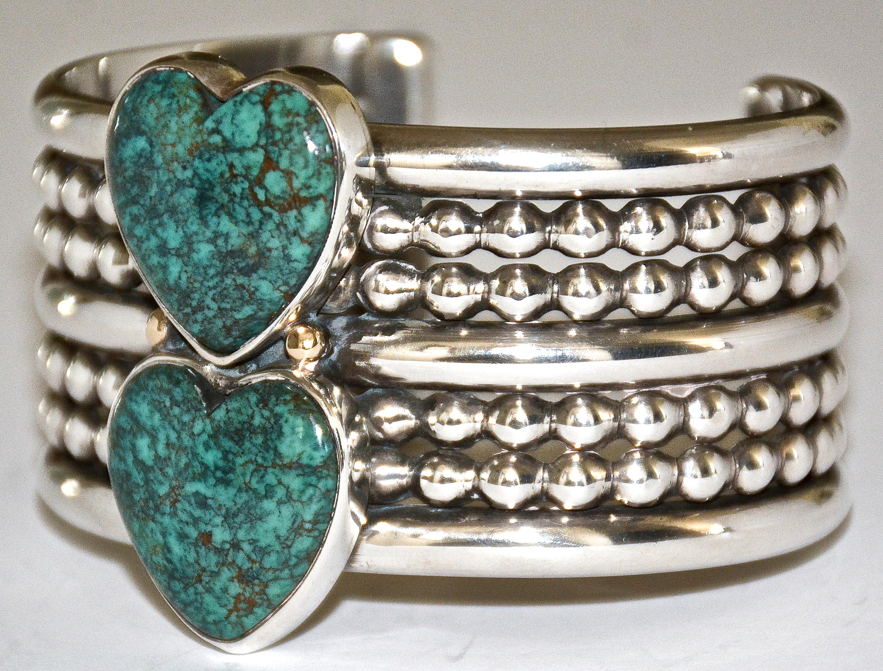 Mike Bird-Romero Sterling Silver Cuff Bracelet W/ Large Turquoise Hearts, 1993  In Excellent Condition For Sale In Los Angeles, CA