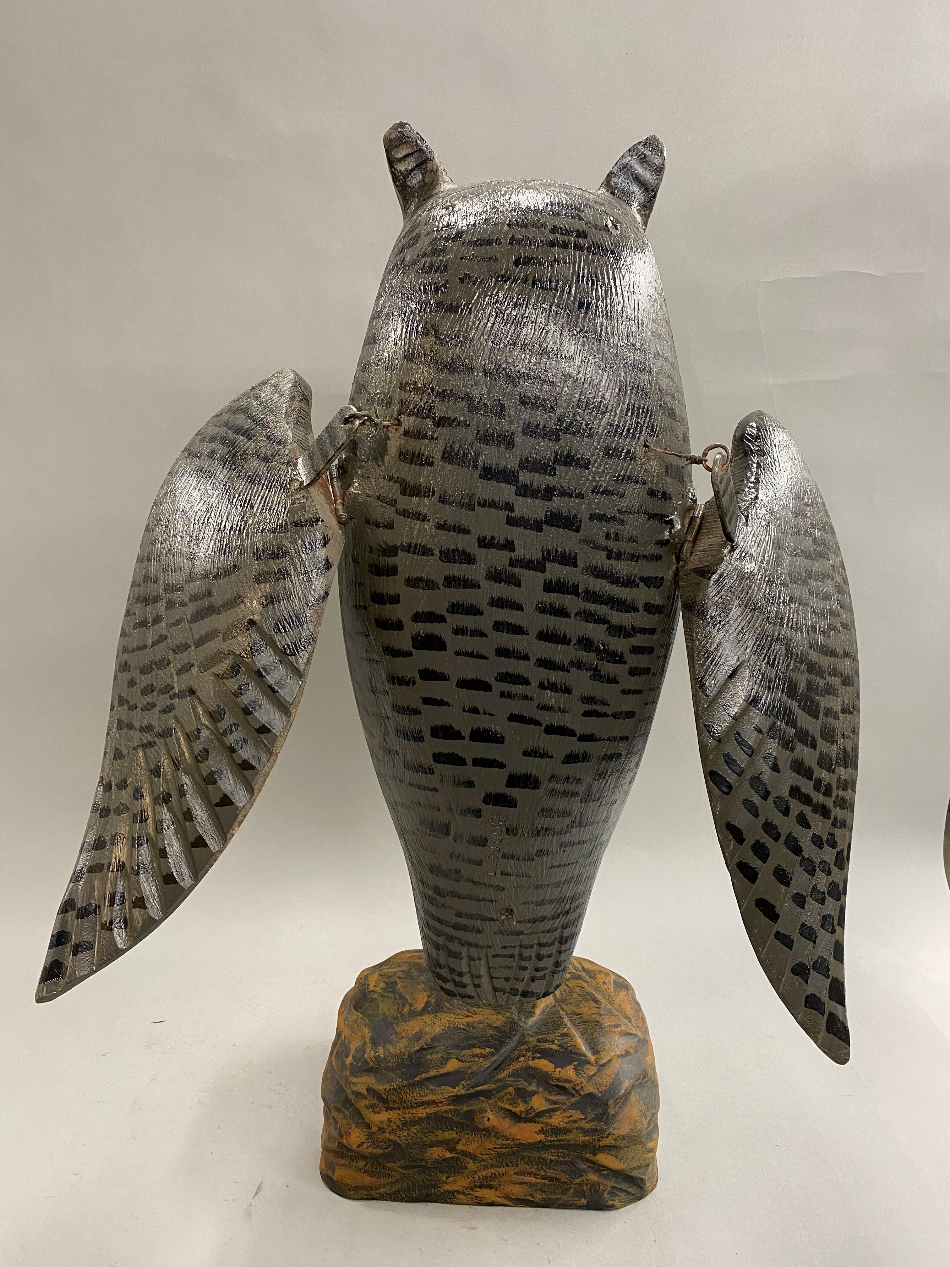 American Mike Borrett Polychrome Folk Art Carved Wooden Great Horned Owl Decoy