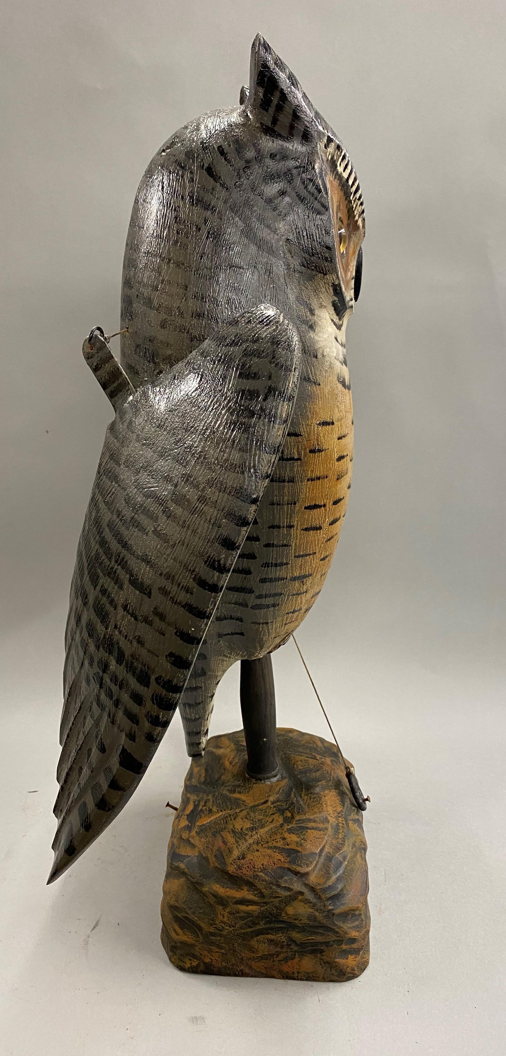 Mike Borrett Polychrome Folk Art Carved Wooden Great Horned Owl Decoy In Good Condition In Milford, NH