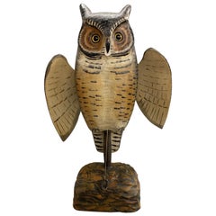 Retro Mike Borrett Polychrome Folk Art Carved Wooden Great Horned Owl Decoy
