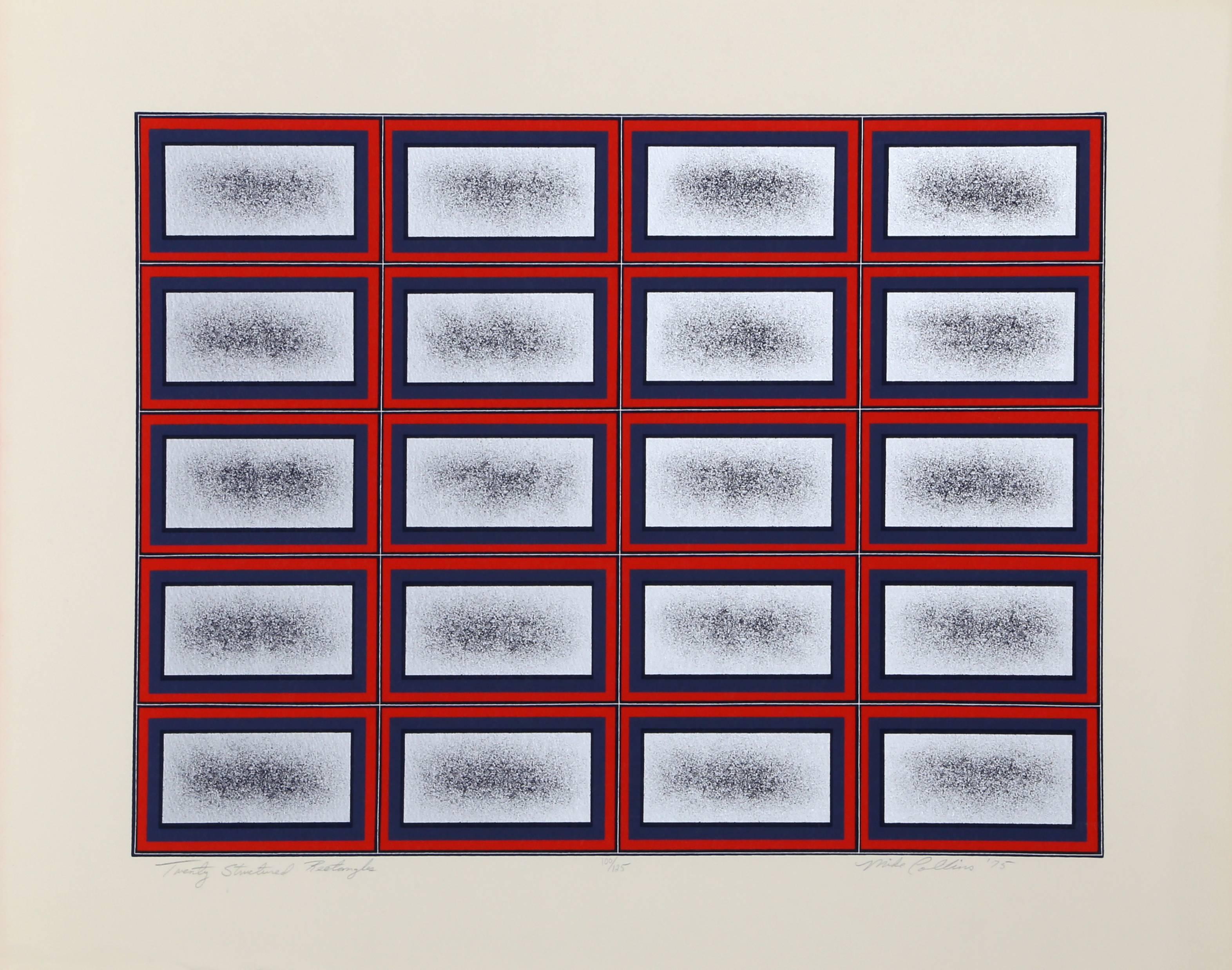 Artistics : Mike Collins
Titre : Vingt rectangles structurés
Année : 1975
Médium : Sérigraphie, signée et numérotée au crayon.
Edition : 150
Taille de l'image : 15 x 20 pouces 
Taille : 20 x 26 pouces
