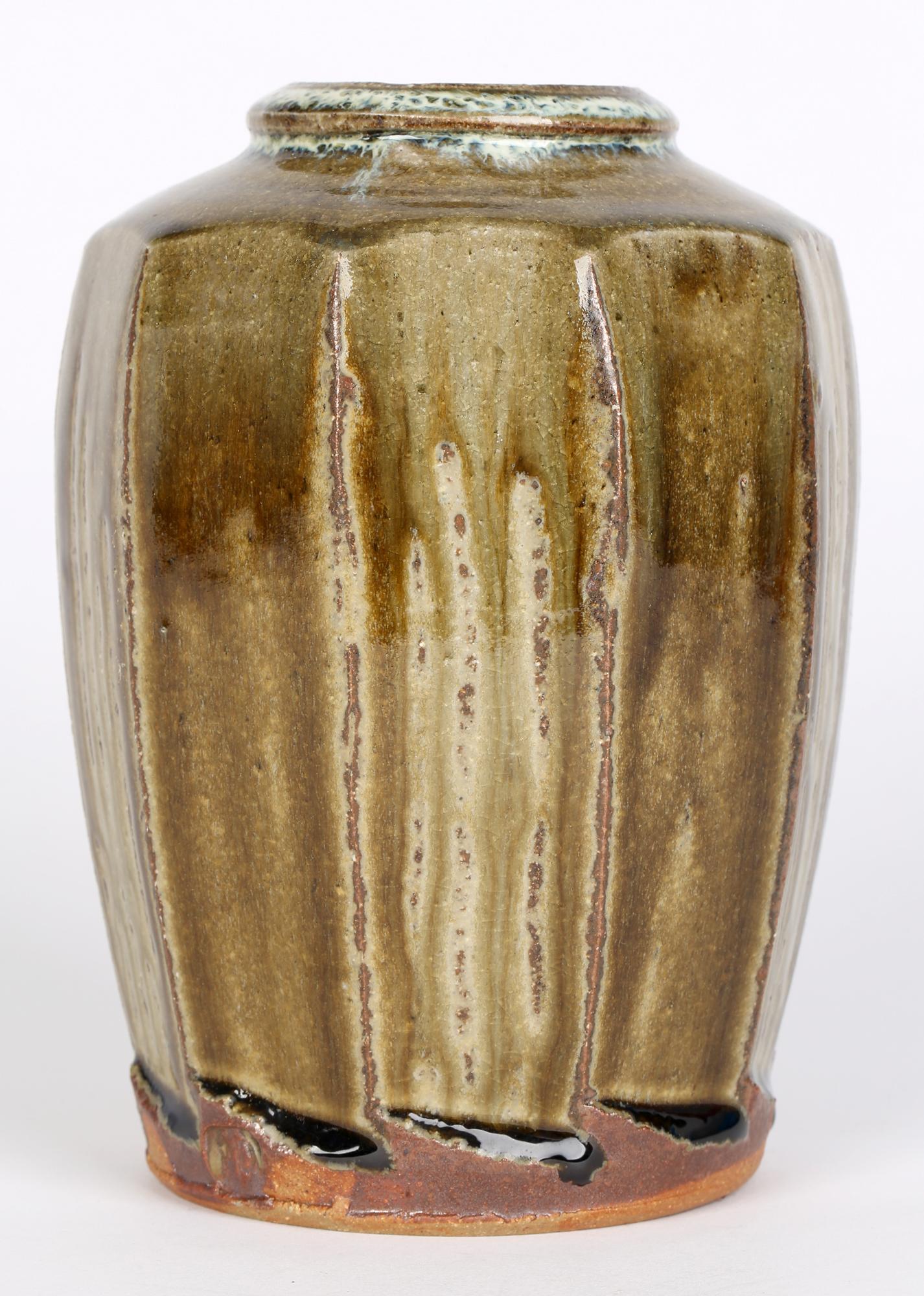 Mike Dodd Studio Pottery Green Glazed Faceted Stoneware Vase For Sale 4
