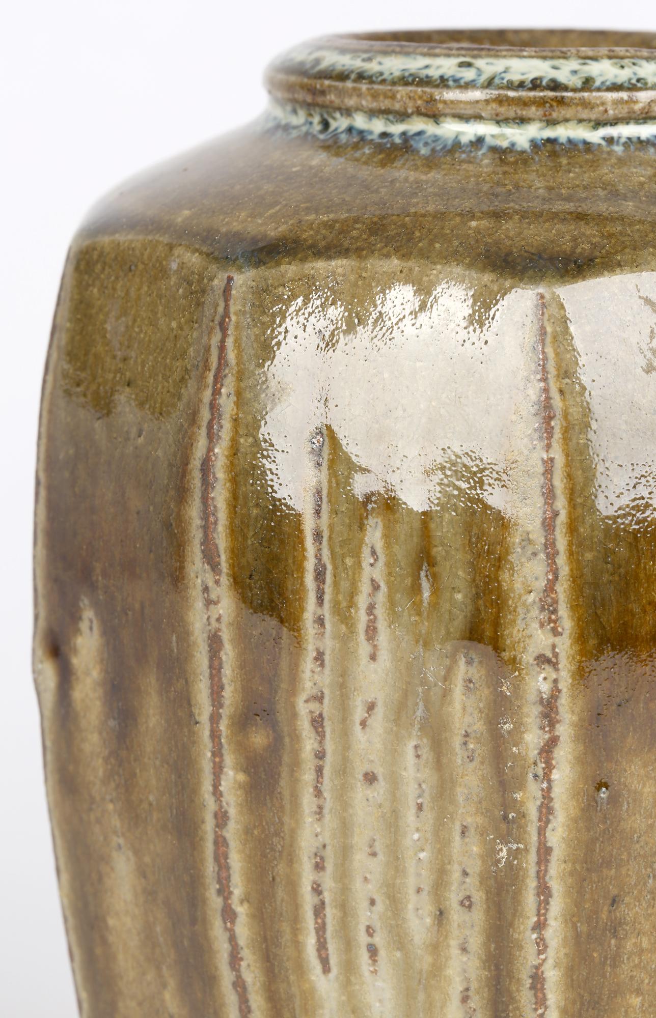 Modern Mike Dodd Studio Pottery Green Glazed Faceted Stoneware Vase For Sale