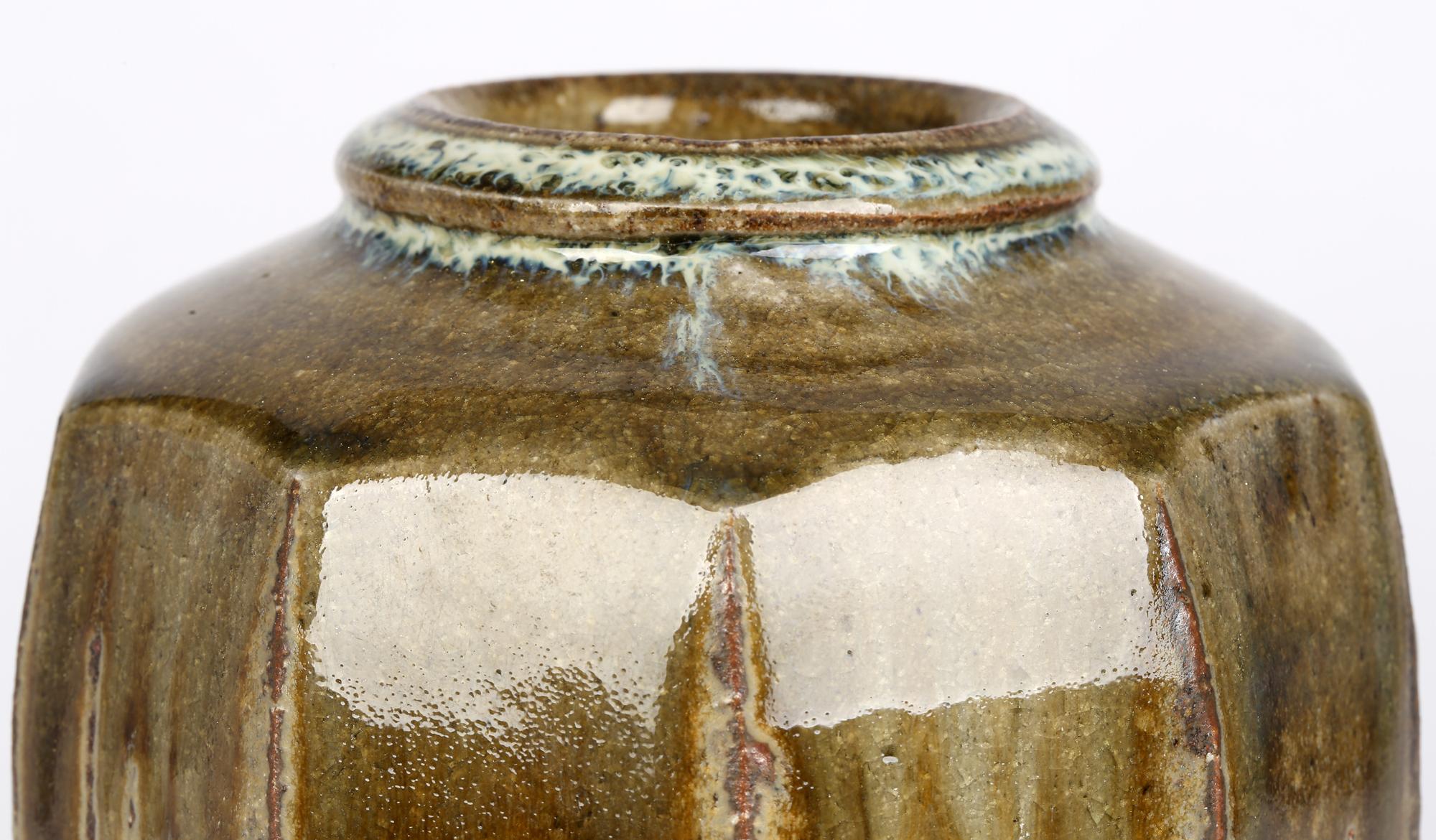 English Mike Dodd Studio Pottery Green Glazed Faceted Stoneware Vase