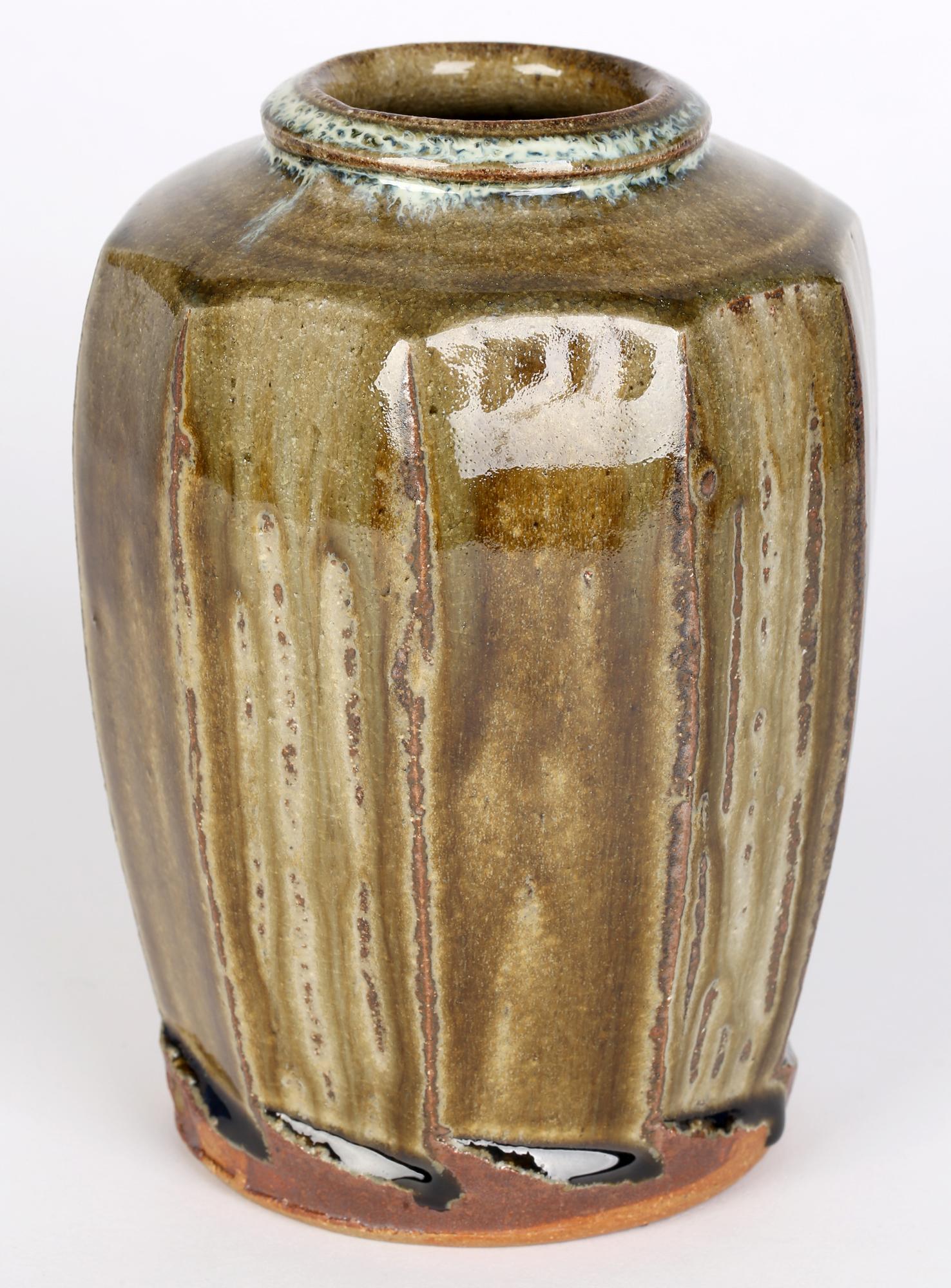 20th Century Mike Dodd Studio Pottery Green Glazed Faceted Stoneware Vase