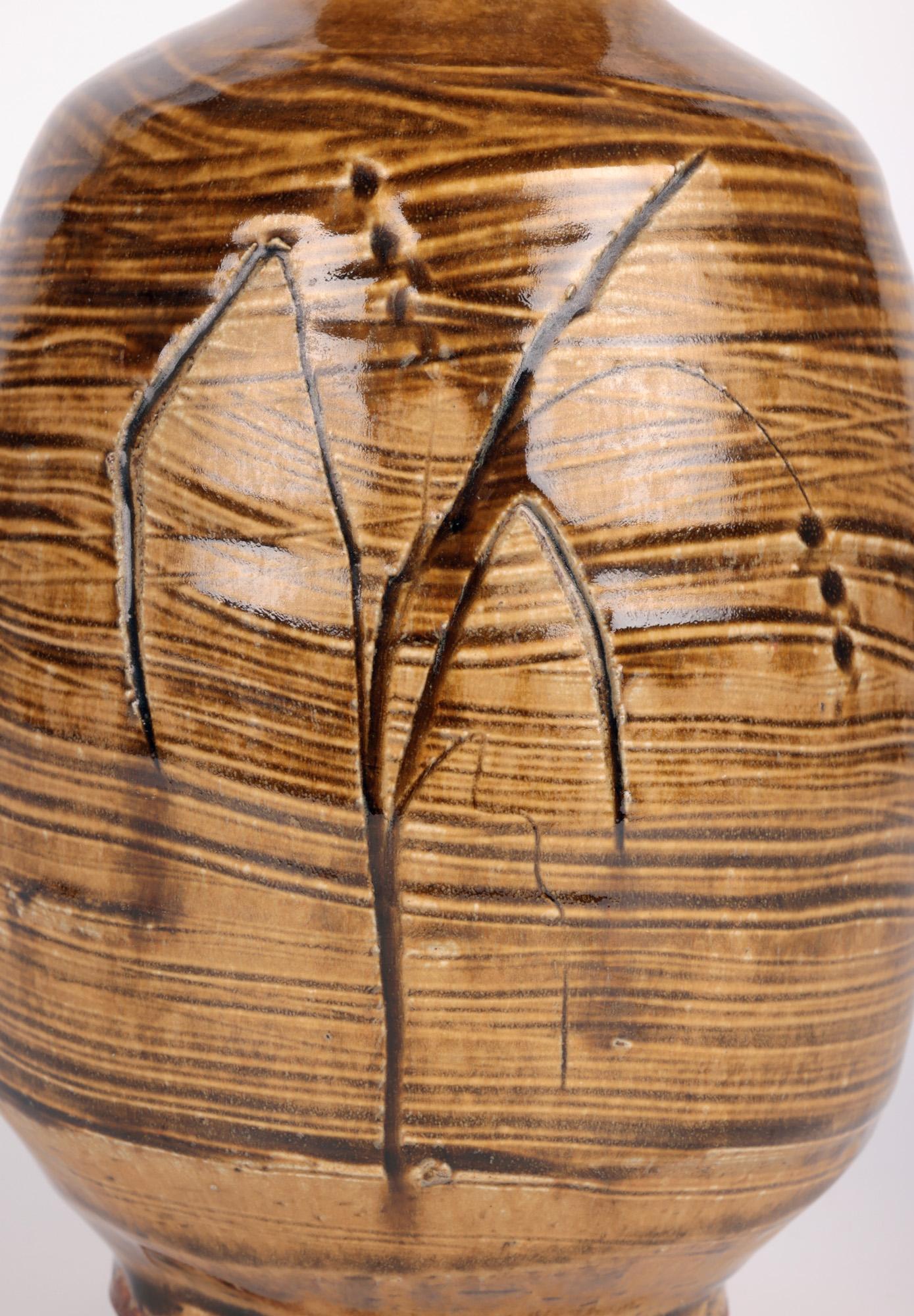 Modern Mike Dodd Studio Pottery Ash Glazed Vase with Seeding Grasses For Sale