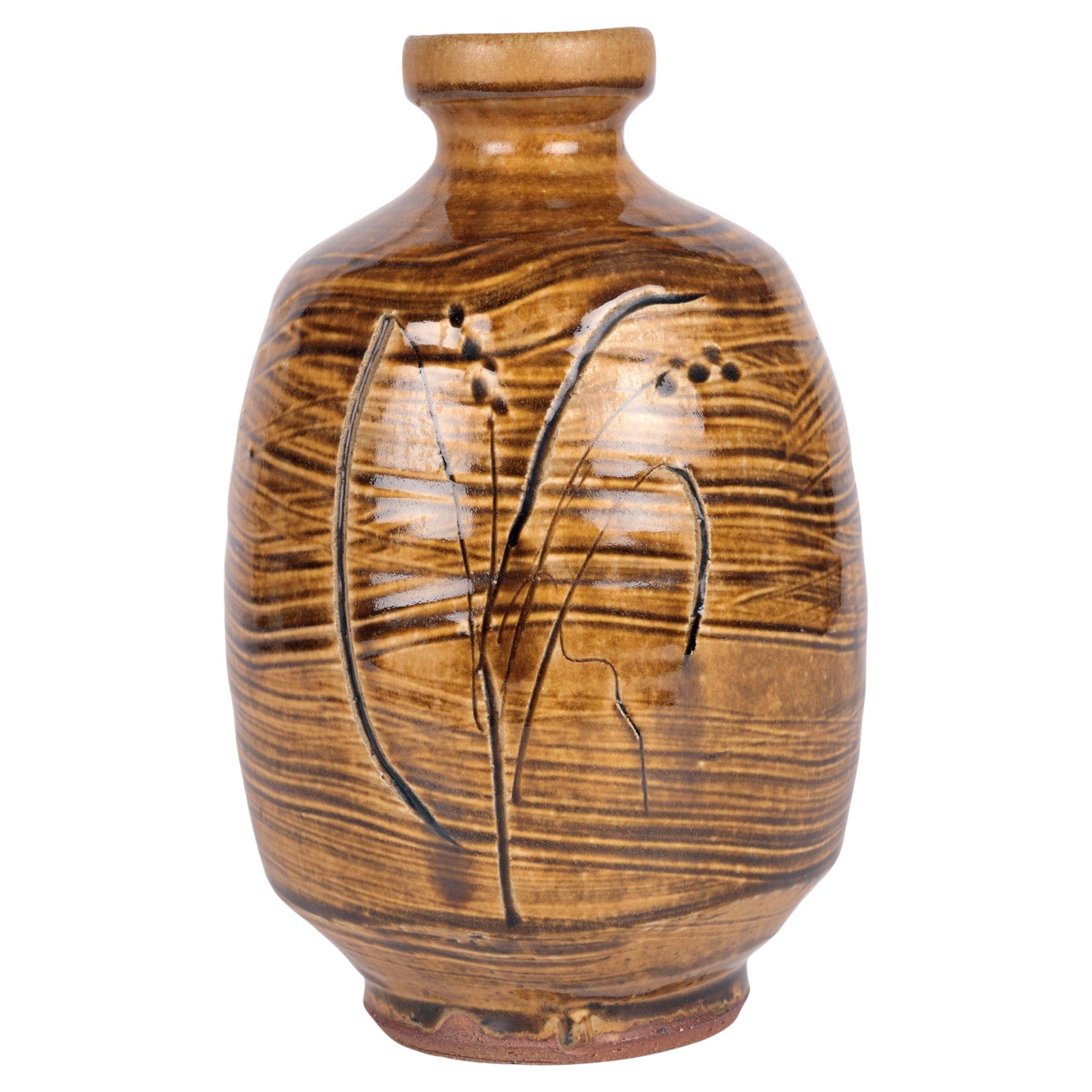 Mike Dodd Studio Pottery Ash Glazed Vase with Seeding Grasses For Sale