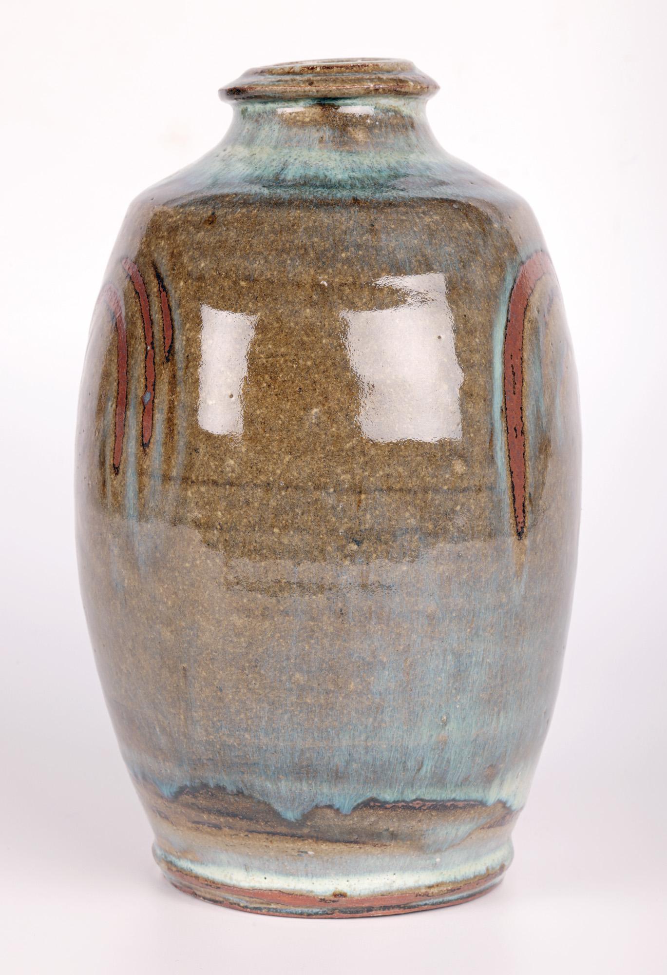 Glazed Mike Dodd Studio Pottery Vase with Stylized Tree Design For Sale