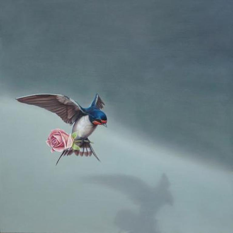 Mike Ellis Animal Painting - Arrival - contemporary realistic flying bird rose grey background