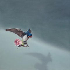 Arrival - arrière-plan d'oiseau volant réaliste contemporain gris rose