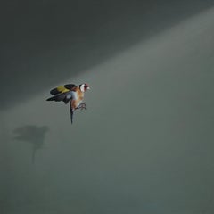 Aurous - peinture à l'huile sur toile contemporaine hyperréaliste d'un oiseau volant Goldfinch