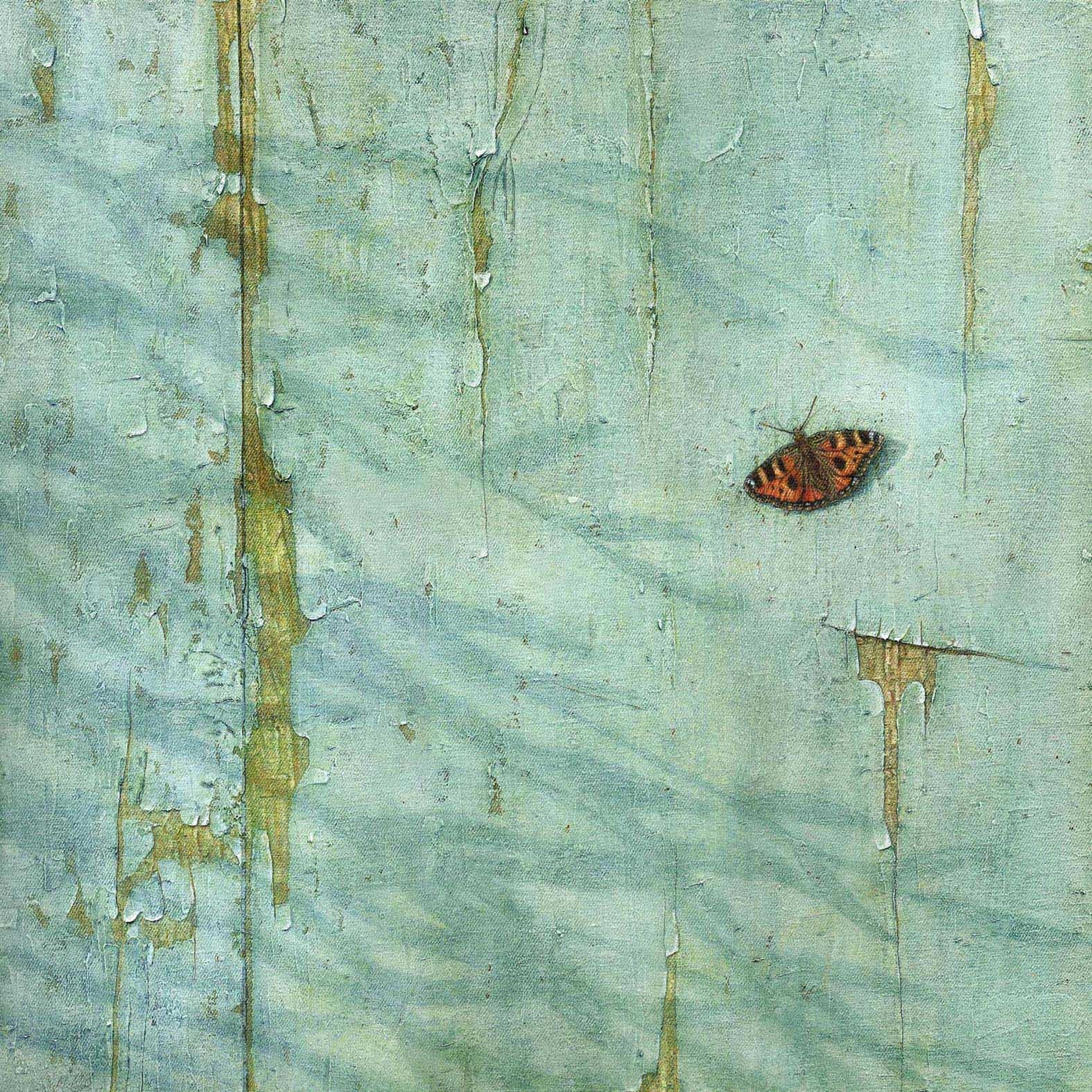Mike Ellis Still-Life Painting - Butterfly - photorealistic oil painting of a butterfly on the blue decaying door