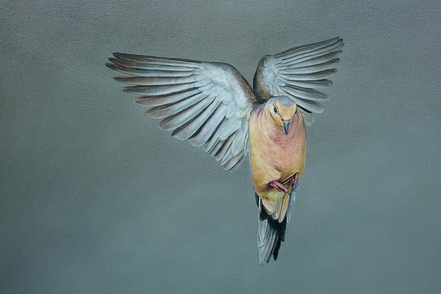 Elysium -minimalist grey and blue wabi-sabi bird painting oil on canvas - Painting by Mike Ellis