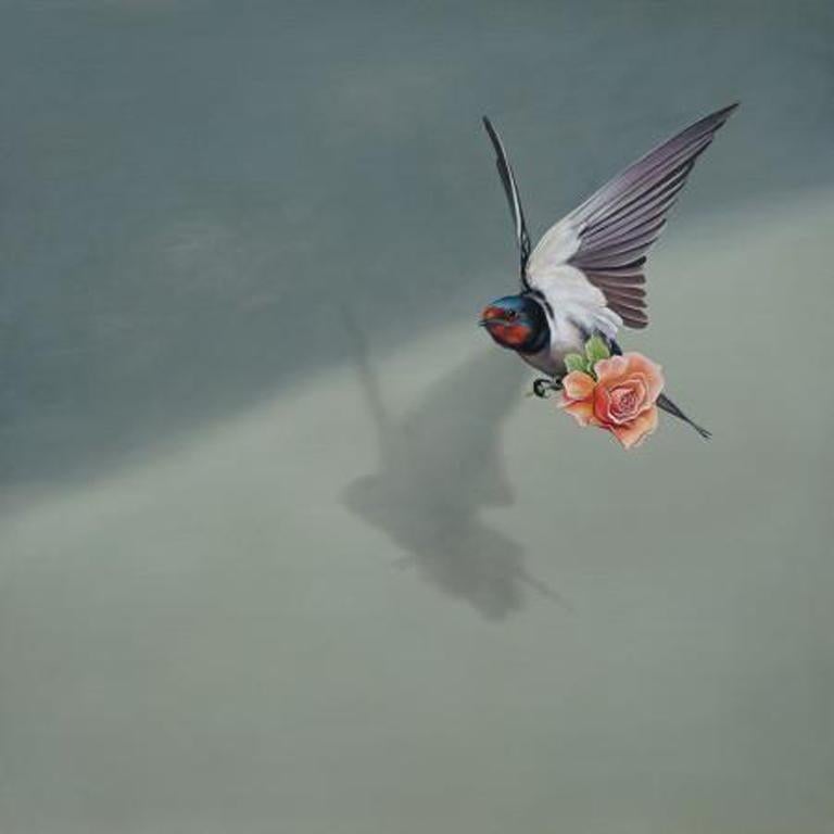 Fairwinds - contemporary realistic painting flying bird rose - Painting by Mike Ellis