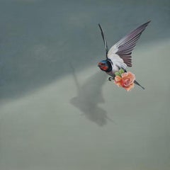 Fairwinds - peinture réaliste contemporaine d'un oiseau volant rose