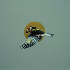 Helios II - Finch Bird in Flight with Gold Sun: Oil on Canvas