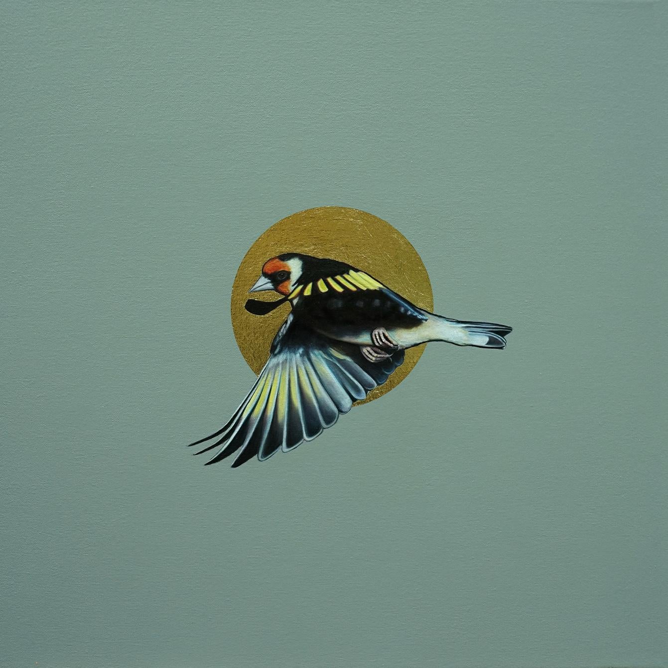 Helios II - Finch Bird in Flight with Gold Sun: Oil on Canvas - Painting by Mike Ellis