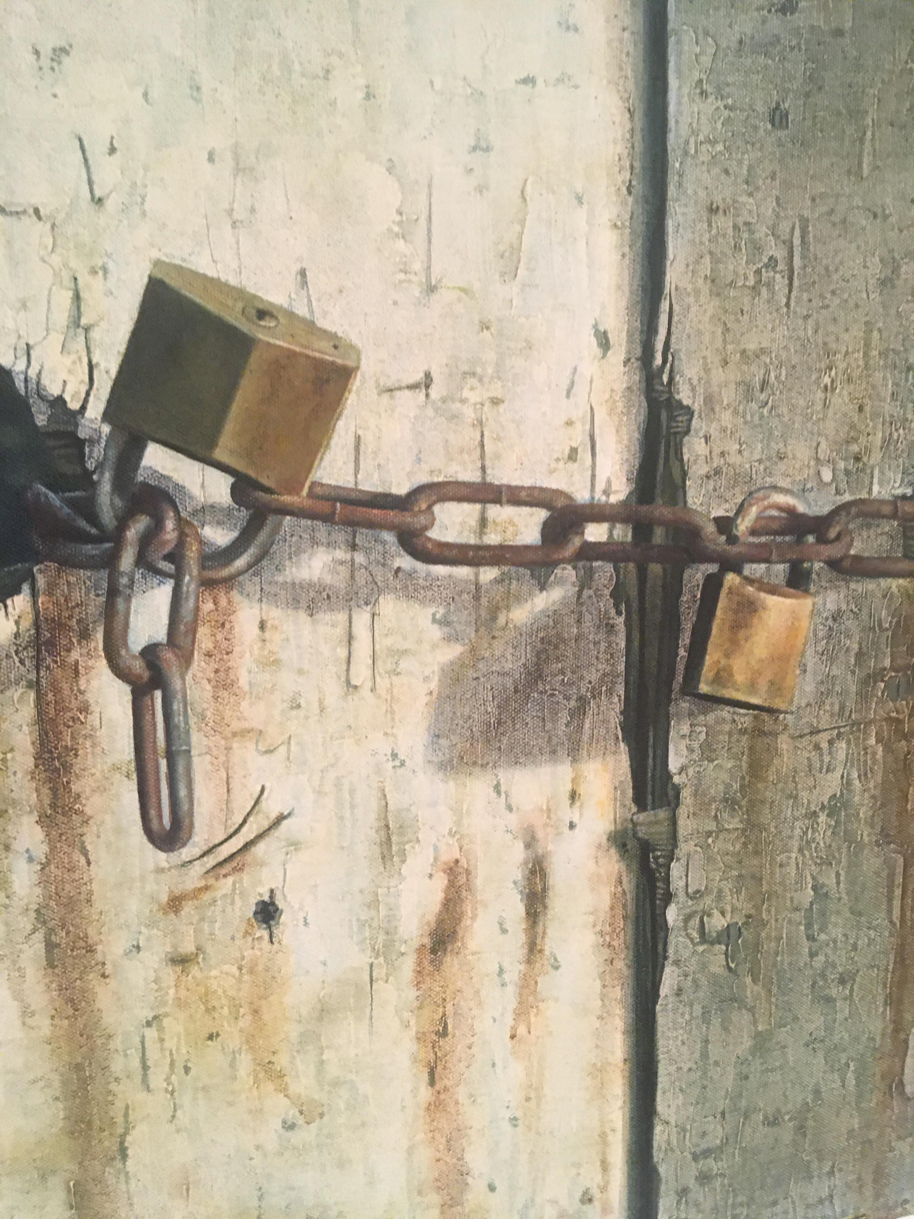 Quarry Hill - contemporary wabi-sabi hyper-realistic locked door oil painting - Contemporary Painting by Mike Ellis