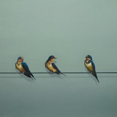 Sojourners - peinture à l'huile contemporaine d'oiseaux réalistes assis tourbillonnants